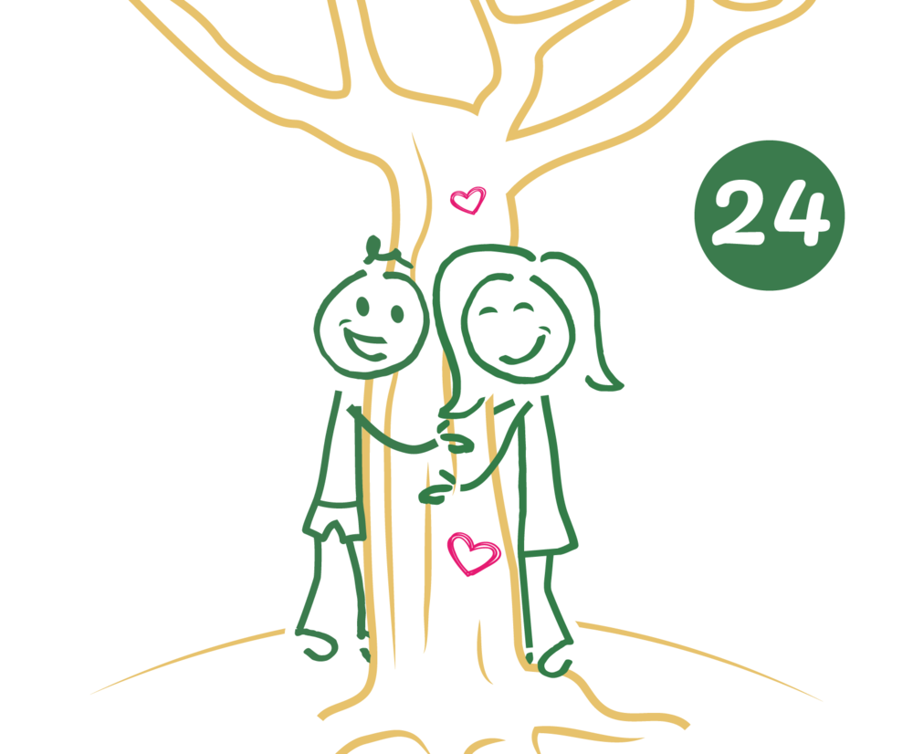 Bild zeigt zwei illustrierte Menschen, die einen Baum umarmen.