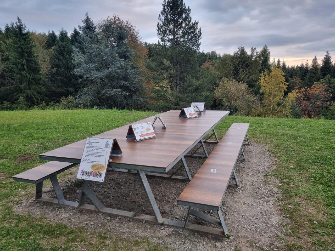 Das Bild zeigt einen langen Tisch mit Sitzbänken auf denen gerastet und Jause gegessen werden kann. Infotafeln am Tisch vermitteln Wissenswertes zu Ernährung und Wohlbefinden.